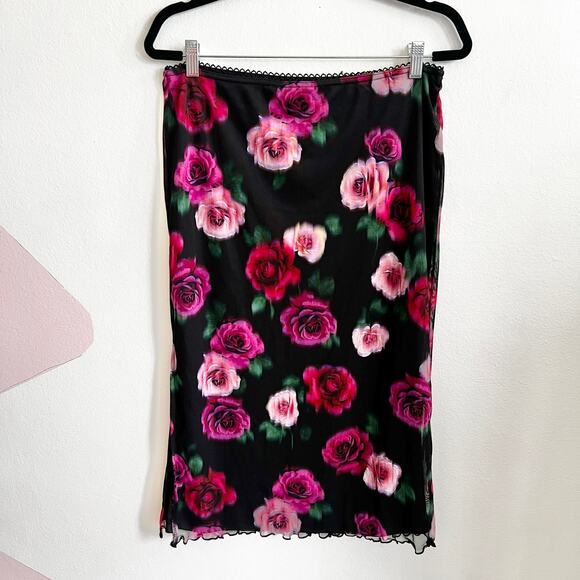 Black Pink Floral‎ Midi Skirt, Vintage, Y2K, Grunge, Goth, Dark Academia, Medium - Picture 2 of 5